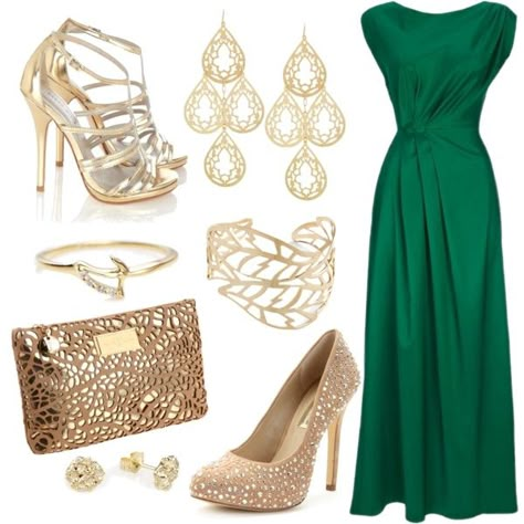 Long Jem colored dress Emerald Green Dress Accessories Formal, Green Prom Dress With Gold Accessories, Gold Jewelry With Green Dress, Gold Shoes Outfit Dress, Emerald Green Dress Gold Accessories, Jewelry For Green Dress Formal, Green Dress Gold Jewelry, Accessories For Green Dress Jewelry, Green Formal Dress Accessories