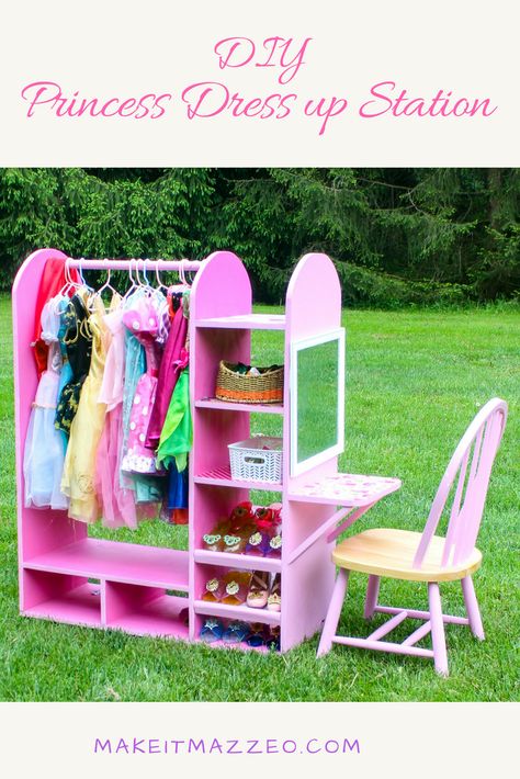 I made this dress up station for my daughter not only is it a perfect place for her dress up dresses and accessories and shoes but also a vanity where she can put on play makeup and be the princess she loves to be! Simple plywood construction means you can build this too!!! Diy Dress Up Station, Dress Up Stations, Dress Up Closet, Dress Up Storage, Toddler Girl Room, Princess Dress Up, Princess Room, Big Girl Rooms, For My Daughter