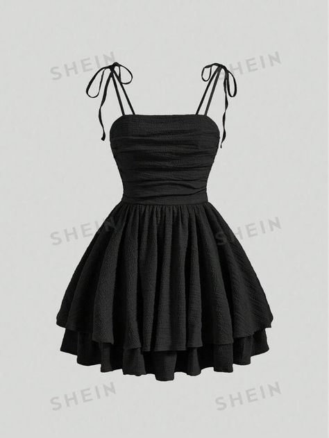 SHEIN MOD Solid Tie Shoulder Ruched Bust Cami Black Summer Dress | SHEIN USA Dresses Party Casual, Ruched Short Dress, Short Short Dresses, Prom Dresses For 6th Graders, Black Dress With Bow Straps, Black Tie Dress Short, Simple Black Hoco Dress, Halloween Dance Dress, Cute Dresses For Fall