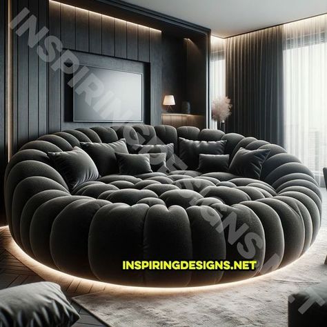 Movie Sofa Furniture, Circular Couch Living Room, Rounded Sofa Living Room Couch, Circular Movie Sofa, Big Sofa Living Room Comfy Couches, Black Comfy Couch, Movie Room Guest Room Combo, Giant Circular Movie Sofa, Giant Sectional Sofa