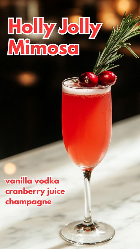 Bright,+bubbly,+and+brimming+with+holiday+cheer,+the+Holly+Jolly+Mimosa+combines+the+crisp+effervescence+of+champagne+with+the+sweetness+of+cranberry+juice+and+the+smooth+hint+of+vanilla+vodka.+Garnished+with+fresh+cranberries+and+rosemary,+it’s+a+perfect+cocktail+to+toast+the+season.  #hollyjollymimosa+#christmascocktails+via+@mybartender Vanilla Cranberry Mimosa, Best Party Drinks Alcohol, Champagne And Cranberry Juice, Moscato Christmas Drinks, Christmas Cocktails With Champagne, Cranberry Orange Mimosa, Easy Christmas Martini Recipes, Rosemary Drinks Cocktails, Holiday Mimosa Bar