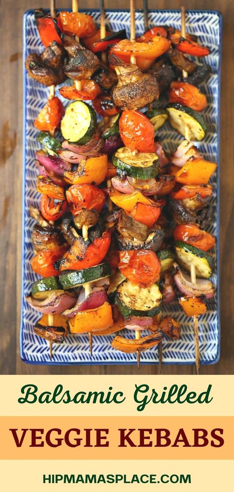 Easy, yummy and healthy Balsamic Grilled Veggie Kebabs: a medley of fresh vegetables skewered and marinated in balsamic vinaigrette is perfect as a summertime side dish or as a meal in itself! Balsamic Vegetables, Bbq Vegetables, Grilled Vegetable Skewers, Veggie Kebabs, Grilled Kabob Recipes, Vegetable Kebabs, Recipes Sides, Veggie Kabobs, Grilling Recipes Sides