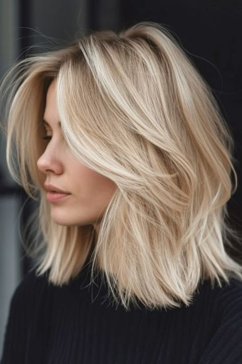 Layered Bob Haircuts For Women Medium, Blonde Hair Bob Long, Medium To Long Blonde Hair, Medium Hair One Length, Blonde Hair For Over 40, Layered Blonde Hair Shoulder Length, Hair Long Bob Blonde, Cool Blonde Long Bob, Cute Long Bob Hairstyles