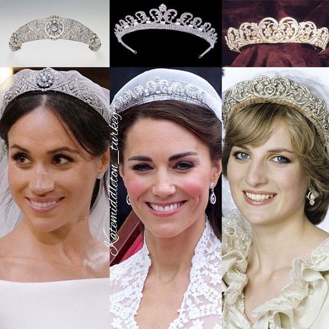 Wedding tiaras❤️ Duchess of Sussex with Queen Mary’s diamond bandeau tiara,Princess Diana with the Spencer tiara and Duchess of Cambridge… Düşes Kate, Middleton Wedding, Royal Crown Jewels, Prins William, Prins Harry, English Royal Family, Princess Diana Family, Royal Crowns, Royal Family England