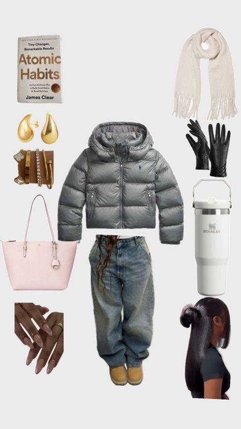 Grey Puffer Jacket Outfit, Winter Gloves Outfit, Outfits With Puffer Jackets, Winter Outfits Puffer Jacket, Clean Girl Winter, Puffer Jacket Outfits, Puffer Outfit, Gloves Outfit, Winter Jacket Outfits