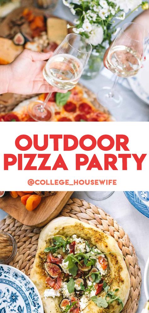 This easy outdoor pizza party is a cinch to throw together and great for a backyard party during summer! Set up a simple pizza making station equipped with sauces, toppings, and pizza dough. Fire up your outdoor pizza oven (or just use a bunch of baking sheets in the oven!) and create a casual table set up with lots of wine and appetizers! I've got all the inspiration you need here! Diy Pizza Party, Pizza Bar Party, Outdoor Pizza Party, Outdoor Pizza Oven Recipes, Backyard Pizza Party, Pizza Dinner Party, Wood Oven Pizza, Ricotta Pizza, Simple Pizza