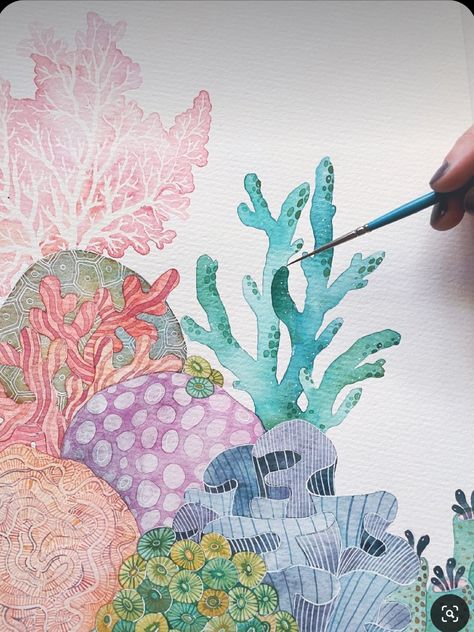 Coral Reef Watercolor Easy, Drawing Of Coral Reef, Natural Texture Drawing, Simple Watercolor Art Inspiration, Sea Coral Painting, Ocean Life Watercolor, Underwater Watercolor Painting Easy, Coral Watercolor Painting, Coral Reef Watercolor Paintings