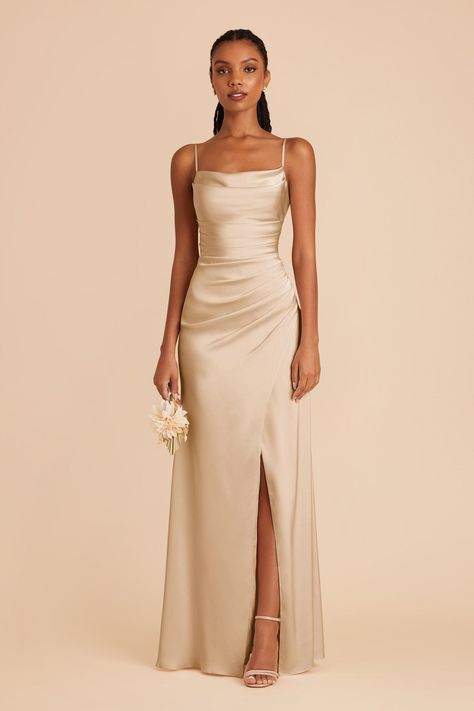 Lydia Gold Cowl Neck Matte Satin Bridesmaid Dress | Birdy Grey Cream Silk Dress Evening Gowns, Maid Of Honor Dress Beach Wedding, Champagne Silk Dress Bridesmaid, Champagne Long Dresses, Metallic Champagne Dress, Cream Silk Bridesmaid Dresses, Pale Gold Dress, Tan Maid Of Honor Dress, Eggshell Bridesmaid Dresses