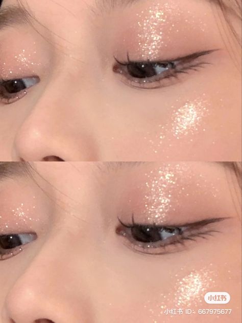 Simple Douyin Makeup, Ethereal Makeup Hooded Eyes, Sparkly Asian Makeup, Asian Eye Makeup Glitter, Glitter Douyin Makeup, Glitter Eye Makeup Asian Eyes, Korean Eye Glitter Makeup, Douyin Glitter Eye Makeup, Doe Eye Makeup