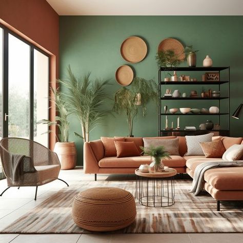 Green And Orange Apartment Aesthetic, Peach And Green Interior Design, Terracotta And Green Interior Design, Rust Couch Living Room Ideas Sofas, Rust Green Living Room, Terracotta Interior Design Living Rooms, Terracotta Design Ideas, Terracotta Living Room Walls, Green And Terracotta Living Room