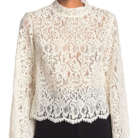 White Lace Mock Neck Top With Bell Sleeves And Scalloped Trim Details. Button Back Keyhole With Two Pearl Buttons. Brand New With Tags. Original Retail Value $148 Lace Mock Neck Top, Top With Bell Sleeves, Holiday 2024, White Lace Top, Scalloped Trim, Mock Neck Top, Pearl Buttons, Trim Detail, White Lace