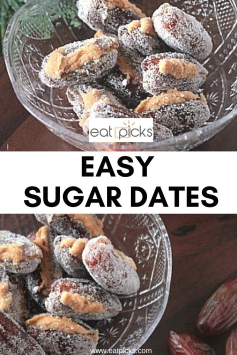 Candied Dates Recipe, Pb Stuffed Dates, Dates Stuffed With Peanut Butter, Stuff Dates Recipe, Date Candies, Filled Dates Recipes, Stuffed Dates Dessert, Stuffed Dates Recipes Sweets, Date Candy Recipe