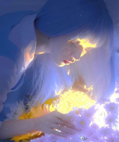 A Woman, Yellow, Flowers, Hair, Blue, White