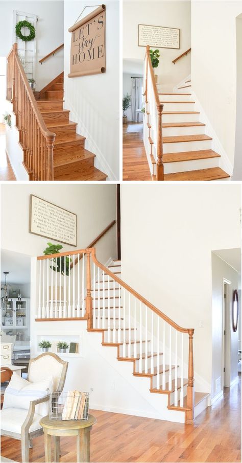 #homdecor #makeover #stairsmakeover #renovation Paint And Wood Staircase, Diy Staircase Makeover Paint, Staircase Design White And Wood, Natural Wood And White Stairs, Stairway Before And After, Wood Stairs Color Ideas, Staircase White And Wood, White Wood Staircase, Wood Staircase Makeover