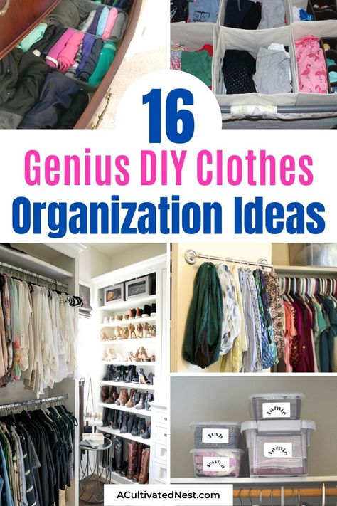 16 Genius DIY Clothes Organizer Ideas- Organize your clothes closet on a budget with these genius DIY clothes organizer ideas! They're so easy to do, and will help you get organized fast! | #clothesOrganization #clothesOrganizing #organizingTips #organizationTips #ACultivatedNest Make Your Own Wardrobe, Diy Wardrobe Organizer, Clothes Organizer Ideas, Clothes Organizer Diy, Tshirt Organization Ideas, Diy Clothes Organizer, Closet On A Budget, Clothes Cupboard, Diy Clothes Organiser