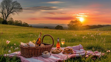 Sunset Picnic Time: A serene sunset picnic setup on a lush green field under a breathtakingly colorful sky. #sunset #picnic #meadow #wine #basket #flowers #serene #tranquil #aiart #aiphoto #stockcake https://ayr.app/l/db7L Picnic Field Aesthetic, Picnic On A Hill, Flower Field Picnic, Picnic Landscape, Picnic In A Field, Picnic Field, Picnic Painting, Picnic Images, Picnic Setup