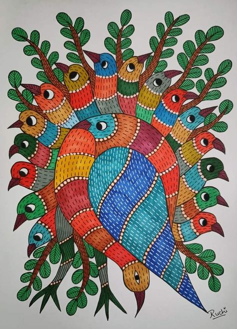 Godana Art, Gonda Art, Gond Art Paintings, Art Steps, Jacket Painting, Art Deco Tattoo, Gond Art, Gond Painting, Madhubani Paintings