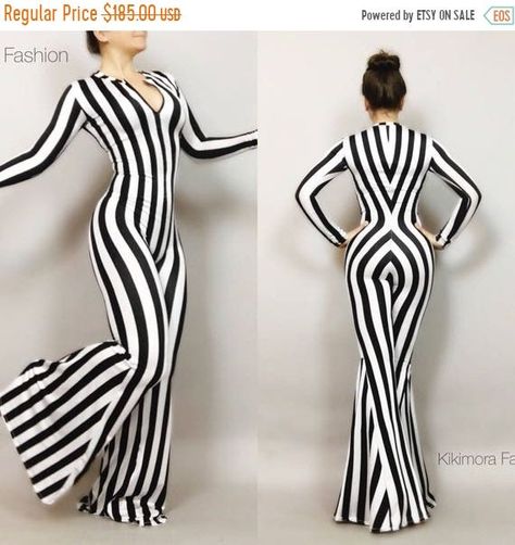 Beetlejuice Dress, Halloween 80s, Bellbottom Pants, Spandex Catsuit, Costume Bodysuit, Beetlejuice Costume, Disco Jumpsuit, Catsuit Costume, Beetlejuice Movie