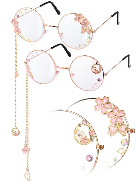 PRICES MAY VARY. Kawaii Glasses Set: the package comes with 2 pairs of sakura glasses with chains in 2 different colors and designs, one with gold rim and the other one with rose gold rim, enough quantity and styles to satisfy your daily wear and replacement needs Suitable Size: the diameter of the round glasses lens is about 2 inches/ 5 cm, the width of the nose bridge is about 0.8 inch/ 2 cm, the arm length is about 5.1 inch/ 13 cm, and the total length of the glasses chain is approx. 5.51 inc Kawaii, Glasses With Chain, Kawaii Glasses, Rose Gold Rims, Fake Glasses, Eyeglass Accessories, Cosplay Cute, Gothic Pendant, Clothing Design Sketches