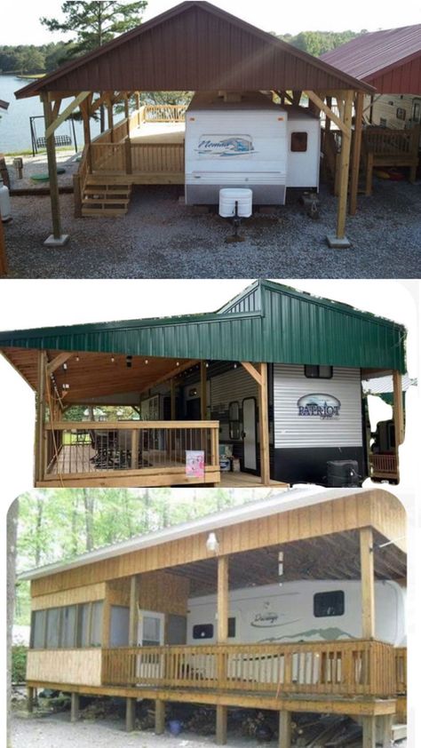 RV shelter, patio, barndaminium, Porch For Camper, Barn Garage Plans, Pull Behind Campers, Rv Barn, Rv Shelter, Rv Covers, Travel Trailer Living, Add A Room, Camper Van Life