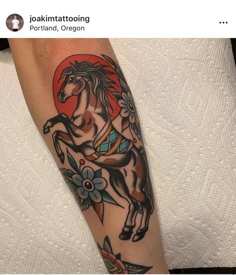 American Traditional Deer Skull Tattoo, Neotraditional Horse Tattoo, Vintage American Traditional Tattoo, Paint Horse Tattoo, Horse American Traditional Tattoo, Trad Horse Tattoo, Traditional Horse Head Tattoo, American Traditional Horse Tattoo, Old School Horse Tattoo