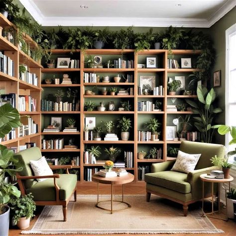 40 Home Library Ideas for Creating Cozy Reading Spaces Snug Library Room, Home Library Modern Design, Front Room Bookshelves, Colourful Library Room, Library And Plant Room, Small Modern Library, How To Style Library Shelves, Cute Library Ideas, Sunroom Library Ideas