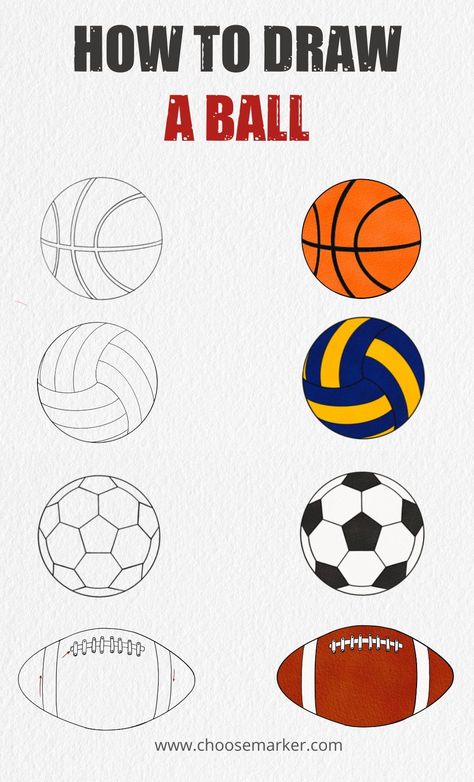 How To Draw Sports Balls, Sports Easy Drawing, Sports Drawings Easy Football, Volly Ball Drawings, How To Draw A Soccer Ball Step By Step, Soccer Ball Drawing Easy, Sport Balls Drawing, How To Draw Ball, How To Draw Football