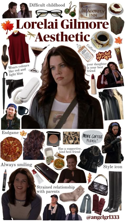 Mood board of Lorelai Gilmore (character from Gilmore girls) Lorelei Gilmore Makeup, Lorelai Gilmore Jacket, Lorelai Gilmore Fall Outfits, Gilmore Outfits Lorelai, Lorelai Gilmore Makeup, Rory Gilmore Style Fall, How To Look Like Rory Gilmore, Gilmore Makeup, Lorelai Gilmore Fashion