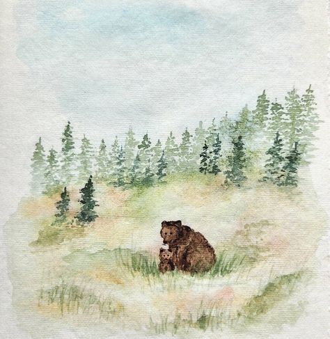 This art print is a fine art giclee print of one of BriannaJohnsonArt's recent sketchbook paintings of a mama and baby bear in Mount Rainier National Park. This little print would make a perfect gift to give to the mountain and the wildlife lovers in your life!!  -This print is a 5"x7" print with deckled edges so that it looks like it was torn right out of her watercolor sketchbook.  -Printed on cotton paper with hand-torn edges. -Signed on the front and back -Frame Not Included Bear Painting For Nursery, Woodland Bear Illustration, Simple Bear Painting, Bear Painting Ideas, June Watercolor, Bear Themed Nursery, Bear Nursery Theme, Watercolour Bear, Woodland Painting