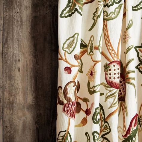 Embroidered Curtains, Fruity Design, Botanical Fabric, Wool Embroidery, Embroidered Wool, Curtains Blinds, Country Style Homes, Floral Theme, Soft And Gentle