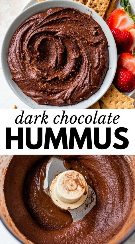 Enjoy hummus in dessert form with this Dark Chocolate Hummus recipe! Made with chickpeas, tahini, maple syrup, and cocoa powder, this hummus can be enjoyed for a snack or dessert with graham crackers or apple slices. Dark Chocolate Hummus, Healthy Chocolate Treats, Vegetarian Recipes For Beginners, Strawberry Gluten Free, Dip Dip, Chocolate Hummus, A Couple Cooks, Dessert Hummus, Delicious Gluten Free Recipes