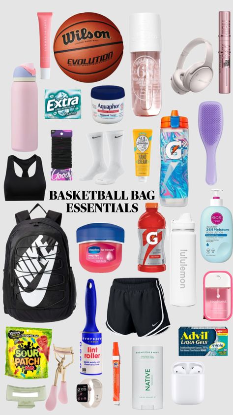 what to keep in your basketball bag 💕 #basketball #aesthetic #trendy #bag #sports #girlie Basketball Bag Essentials, Sports Bag Essentials, Basketball Game Outfit Women, Cool Basketball Wallpapers, Basketball Aesthetic, Basketball Game Outfit, Volleyball Bag, Basketball Moves, Basketball Bag