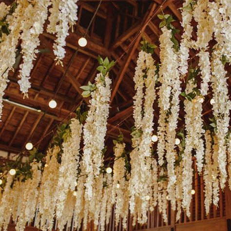 Home Wedding Reception Decorations, Hanging Flowers At Wedding, Hanging Wisteria Wedding Diy, Wedding Reception Hanging Flowers, Hanging Wedding Decorations Ceilings, Hanging Flowers Wedding Reception, Hanging Lights Wedding Reception, Wedding Arbors Outdoor, Ceiling Flowers Wedding