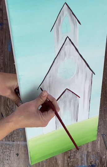 Painting Churches On Canvas, Pictures Of Churches Free Printable, Easy Farmhouse Paintings On Canvas, Christmas Paintings Tutorials, Church Paintings Ideas, Learn To Paint Beginners Step By Step, Church Drawing Sketch, Farmhouse Paintings On Canvas, Paintings Of Churches