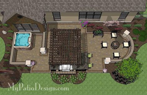 Outdoor Design Dreaming….Patios, Fire Pits Hot Tubs Oh My! Patio Plan, Diy Patio Ideas, Hot Tub Pergola, Dreamy Backyard, Hot Tub Patio, Patio Plans, Patio Layout, Concrete Patios, Restaurant Patio