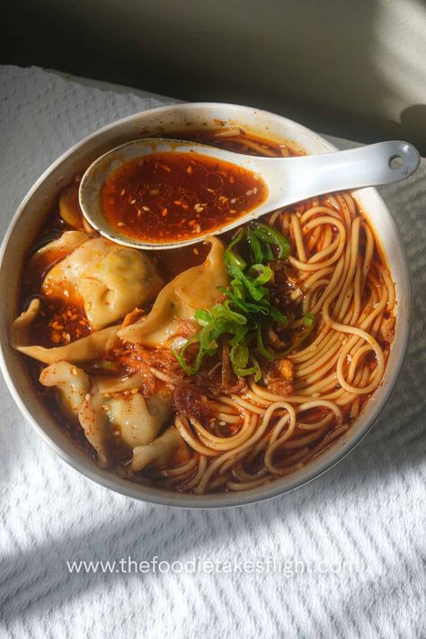 Dumpling And Noodle Soup, Hot And Sour Dumplings, Chinese Noodles Soup, Hot And Sour Dumpling Soup, Dumpling Soup With Ramen, Noodle Soup With Dumplings, Soup Season Aesthetic, Korean Soups And Stews, Wonton Soup Aesthetic