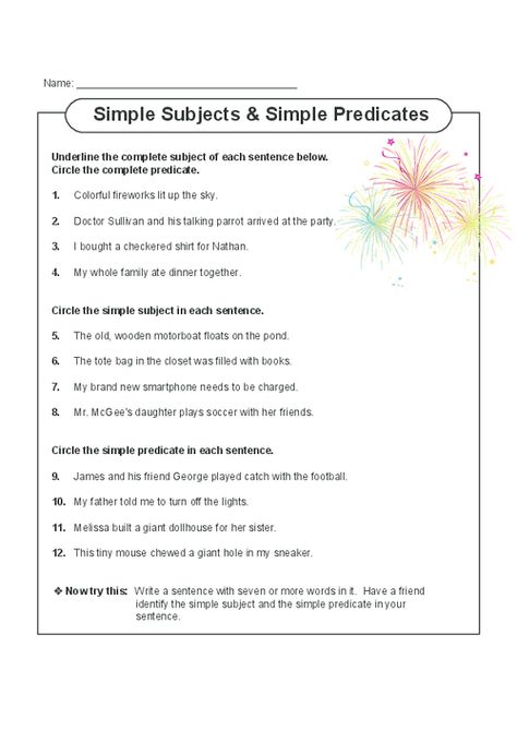 This printable worksheet gets students focusing on both simple and complete subjects and predicates. Read the sentences with your child, and have them complete the exercises. Also includes a writing activity at the end which can be done with a partner or parent.   Read more at http://kidspressmagazine.com/subject-and-predicate/worksheets/misc/simple-subjects-and-predicates.html#BB6V5D3uo7m6oJhE.99  #grammar, #english, #worksheet, #subject, #predicate Subject And Predicate Worksheet 3rd Grade, Subject Predicate Activities 2nd Grade, Subject Predicate Worksheet 2nd Grade, Teaching Subject And Predicate, Complete Predicate, Simple Predicate, Simple Subject And Predicate, Complete Subject And Predicate, Complete Subject