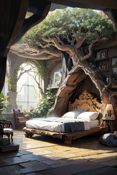 Elven Hotel Bedroom Elven Bedroom, Fantasy City Map, Houses Design, Hotel Bedroom, Woodland Decor, Fantasy City, Mansions Homes, Bedroom Hotel, Mountain Home