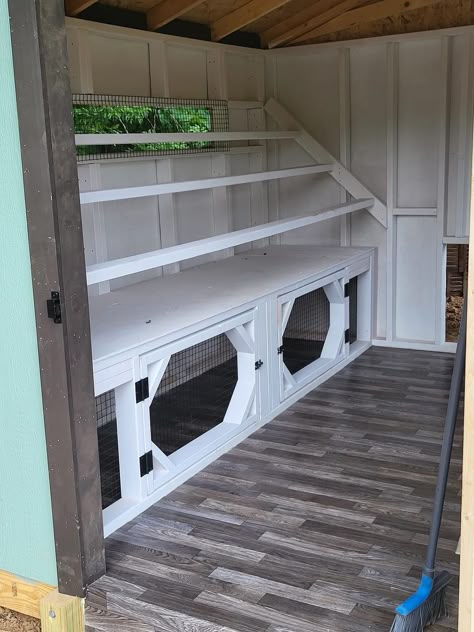 Great Chicken Coop Ideas, Chicken Coop With Tack Room, Coop Set Up, Chicken Supply Storage, Chicken Coop Organization, Chicken Coop Set Up Inside, Fancy Chicken Coop Interiors, Container Chicken Coop, Big Chicken Coop Ideas