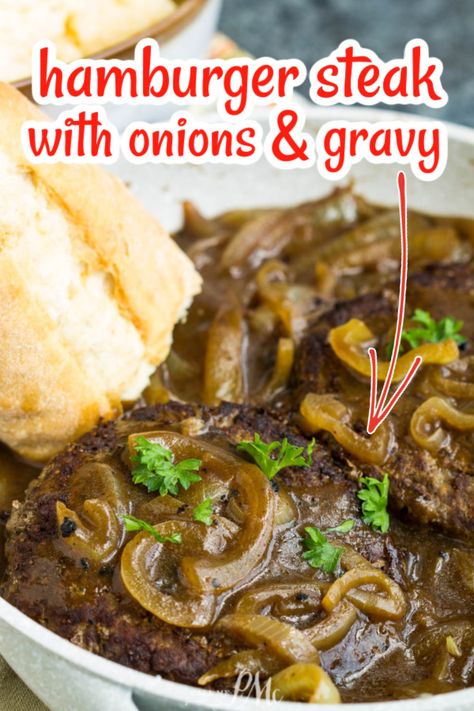 HAMBURGER STEAK WITH ONIONS AND BROWN GRAVY RECIPE > Hamburger Steak With Onions, Brown Gravy Recipe Easy, Hamburger Dinner, Steak With Onions, Hamburger Steak Recipes, Hamburger Steak And Gravy, Brown Gravy Recipe, Easy Gravy Recipe, Cowboy Casserole