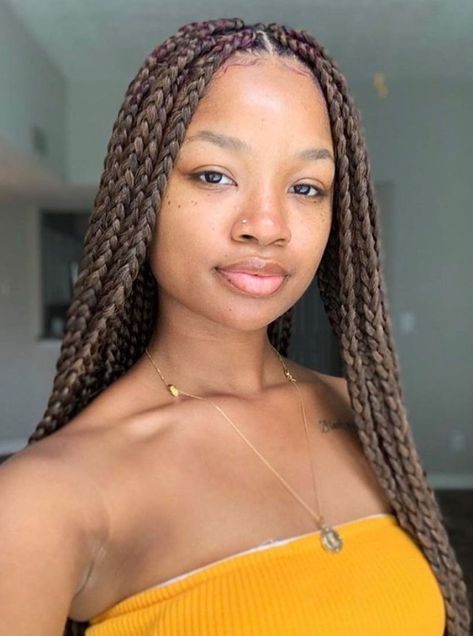 Medium Sized Light Brown Box Braids Medium Sized Knotless Braids, Box Braids Sizes, Thick Box Braids, Medium Sized Box Braids, Rounded Bob, Medium Size Braids, Bob Box Braids Styles, Purple Box Braids, Brown Box Braids