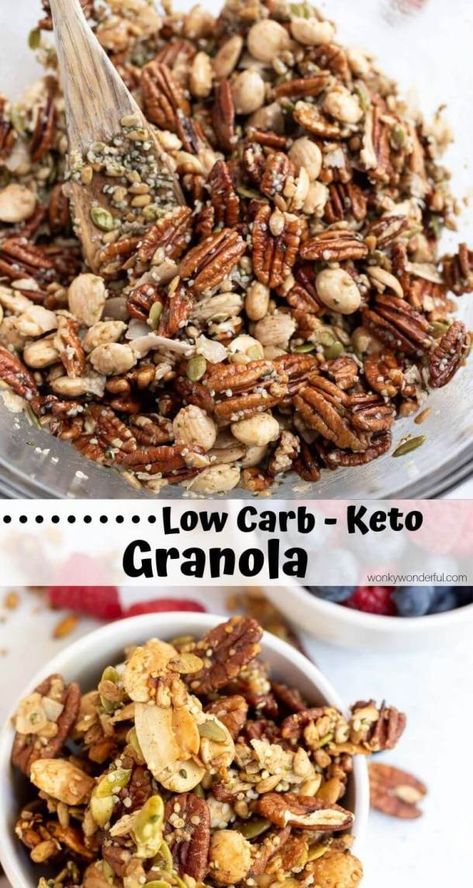 This Low Carb Granola Recipe is Keto Friendly and unbelievably tasty! Low sugar, low carb and all flavor. Top yogurt with this granola and fresh berries for the ultimate nutritious breakfast. #ketorecipes #lowcarbrecipes #granolarecipes #lowcarbgranola #ketobreakfastrecipes #ketodiet #lowcarbdiet #lowcarbbreakfastideas Low Carb Granola Recipe, Low Carb Granola, Keto Granola, Breakfast Keto, Low Carb Snack, Granola Recipe, Low Carb Breakfast Recipes, Healthy Low Carb Recipes, Nutritious Breakfast