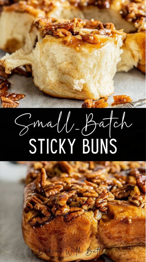 This small-batch sticky buns recipe makes 9 perfectly fluffy cinnamon rolls topped with gooey honey caramel and pecans. This recipe has the option to make same-day or overnight sticky buns. Overnight Sticky Buns, Hot Cross Buns Recipe Easy, Breakfast Pastry Recipes, Sticky Buns Recipe, Recipe Using Honey, Cross Buns Recipe, Small Batch Cookies, Cinnamon Bun Recipe, Sticky Buns Recipes