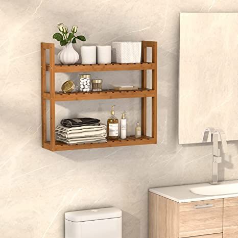 Domax Bamboo Bathroom Shelf 3-Tier Wall Mount Storage Rack Multifunctional Adjustable Layer Free Standing Over Toilet Utility Shelves Living Room Kitchen (Walnut) Wall Mount Storage, Over Toilet Storage, Wall Mounted Storage Shelves, Bathroom Shelves Over Toilet, Utility Shelves, Bamboo Shelf, Bathroom Wall Shelves, Bamboo Bathroom, Over Toilet