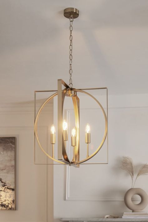 Brass In Living Room, Brass Living Room Chandelier, Brass Kitchen Chandelier, Brushed Gold Light Fixtures, Great Room Lighting Vaulted Ceilings, Sitting Room Lighting Ceilings, Entrance Hall Lighting Ideas, Brushed Brass Light Fixtures, Brushed Gold Chandelier