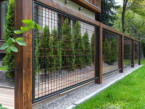 Craftsman House Fence Ideas, Cute Backyard Fence Ideas, Mesh Fencing Ideas, Modern Cattle Panel Fence, Fence Ideas On A Slope, Removable Garden Fence Ideas, Decorative Fences Ideas Creative, Garden Fencing Design, Invisible Garden Fence