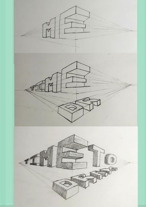 Did you know you can also write your name and words in block letters in 2 point perspective?! Letters In Perspective, Simple One Point Perspective Drawing, Practice Perspective, Two Point Perspective Drawing, 1 Point Perspective Drawing, Studying Drawing, Perspective Practice, Architectural Writing, 2 Point Perspective Drawing