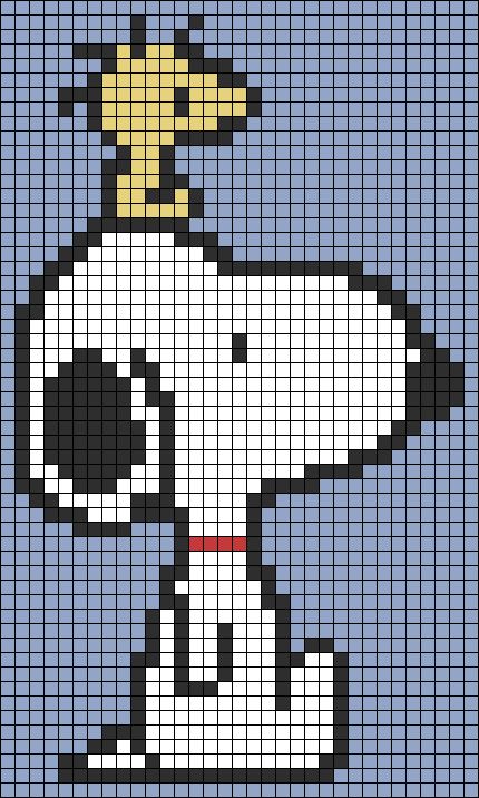 Snoopy Graph Pattern, Free Snoopy Crochet Pattern, Cross Stitch Patterns Adventure Time, Snoopy Alpha Pattern Crochet, Snoopy Granny Square, Woodstock Pixel Art, Crochet Grids Patterns, Snoopy Knitting Pattern, Tapestry Knitting Patterns