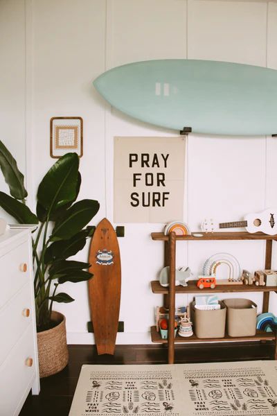 Baby Boy Surfer Nursery, Rad Nursery, Toddler Room Decor Boy, Montauk Style, Beach Baby Rooms, Surfer Bedroom, Townhome Ideas, Surf Bedroom, Surfer Room