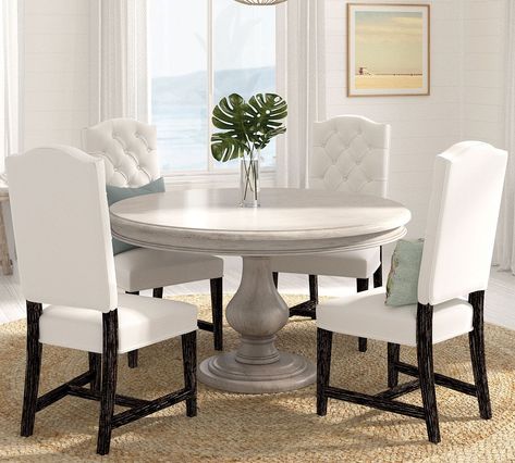 Pottery Barn Round Table Dining Rooms, 42” Round Table, Round Dining Table Pedestal Base, Round Dining Room Tables And Chairs, White Washed Round Dining Table, White Pedestal Dining Table, Round Dining Table Styling, Round Dining Table Ideas, Dining Table With Drawers